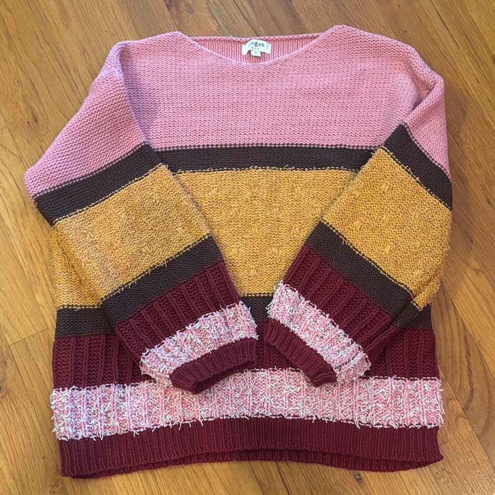 Umgee Colorblock Pink, Brown, Burgundy & Yellow Women's Fall Sweater Medium